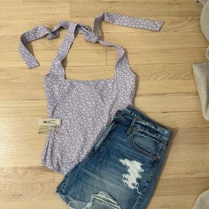 Free People Lilac Combo Floral Square Neck Bodysuit